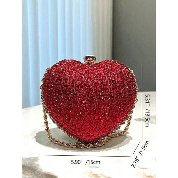 ❤️💎 Jeweled Sparkling Rhinestone Red Heart Shaped Chain Clutch Purse Bag NEW - Picture 16 of 16